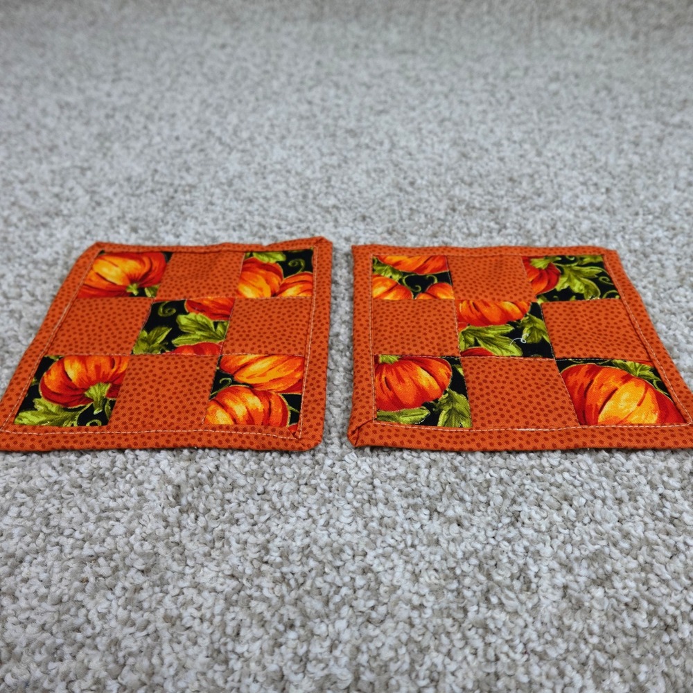 Handmade Quilted Pumpkin Mug Rug Set 2pc Orange Patchwork Cotton Coasters 6x6